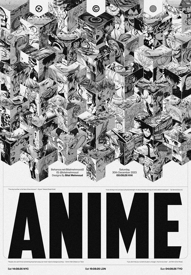 Monochrome Anime Collage anime metal poster on stainless steel by Chromaplate