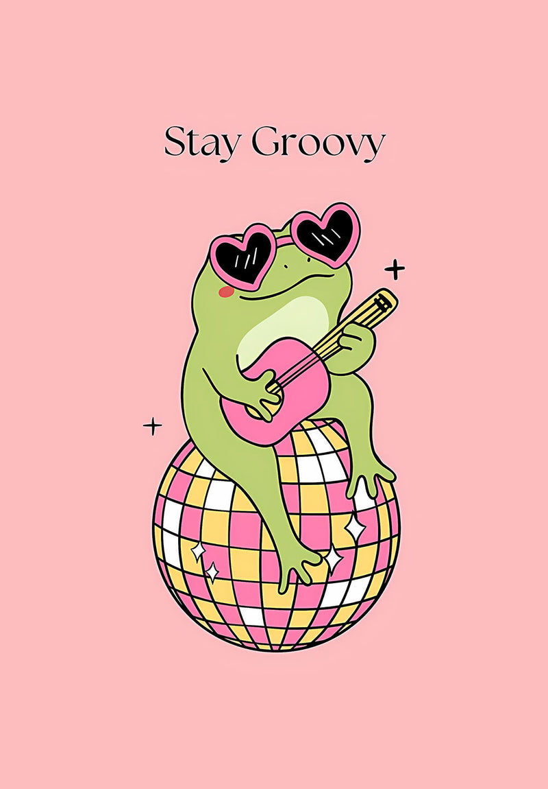 Retro Groovy Vibes Frog nature metal poster on stainless steel by Chromaplate