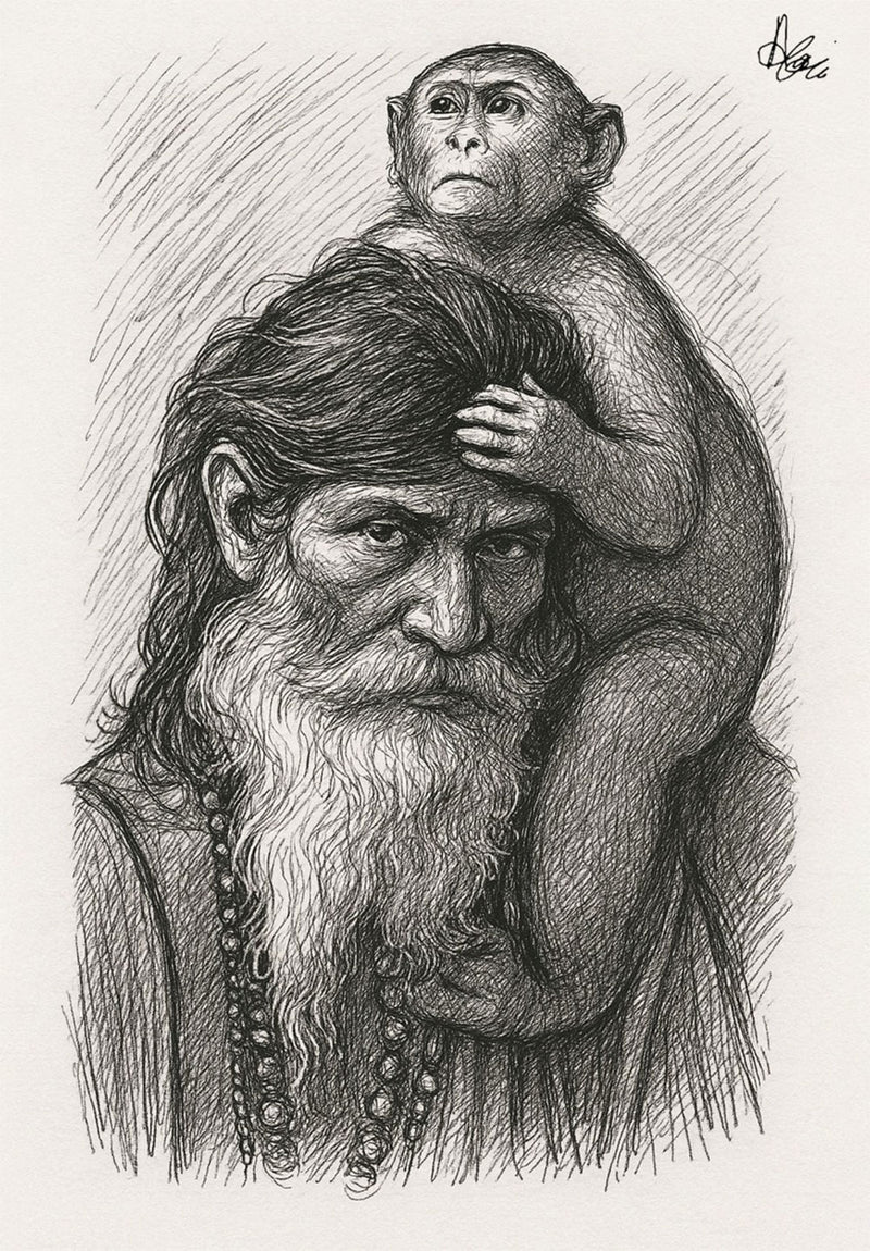 Old Man & Monkey nature metal poster on stainless steel by Chromaplate