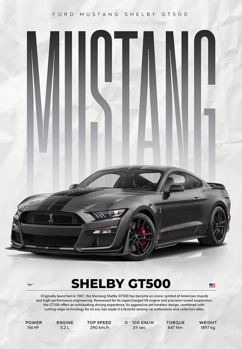 Mustang Shelby GT500 car metal poster on stainless steel by Chromaplate