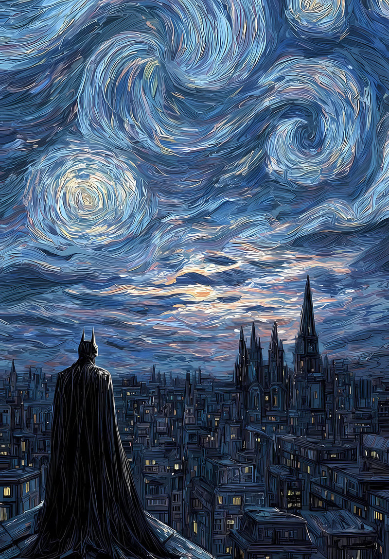 The Batman Starry Night comic metal poster on stainless steel by Chromaplate