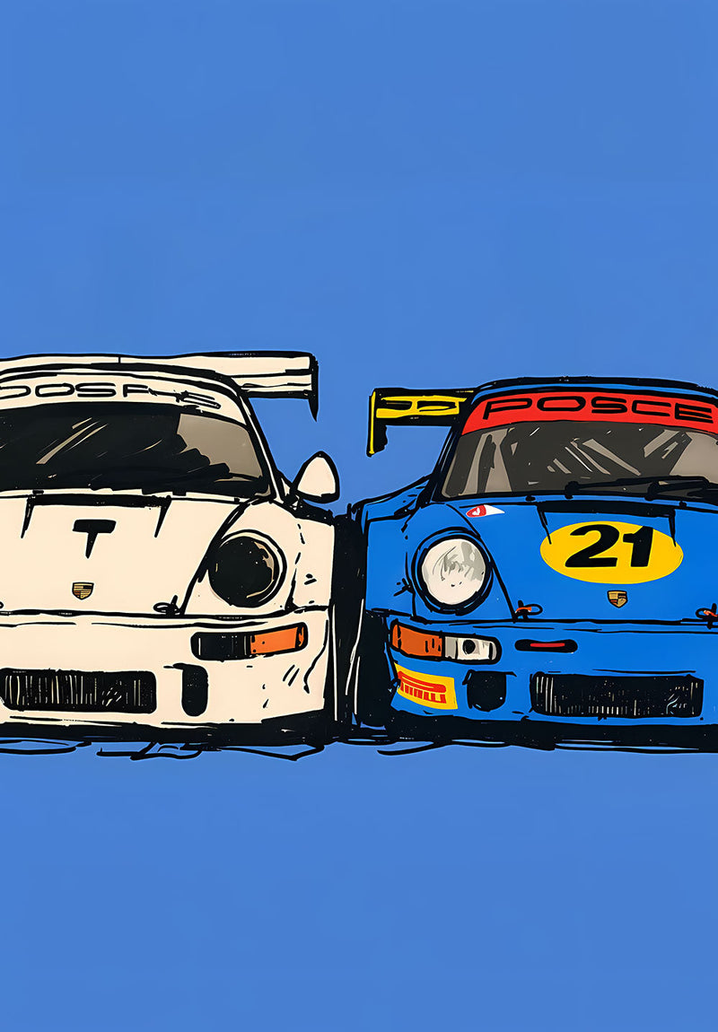 Porsche Blue and White car metal poster on stainless steel by Chromaplate