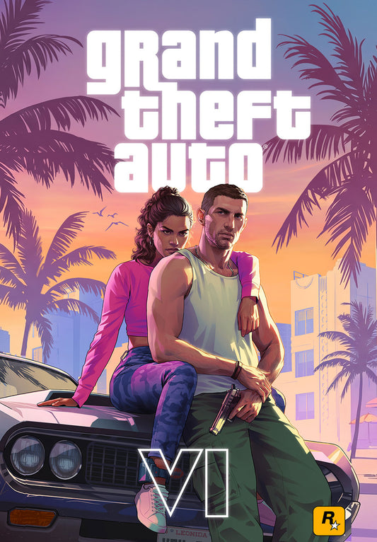 GTA 6 Jason And Lucia gaming metal poster on stainless steel by Chromaplate