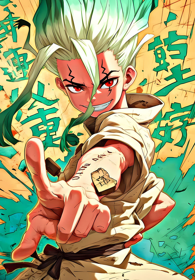 Dr. Stone anime metal poster on stainless steel by Chromaplate