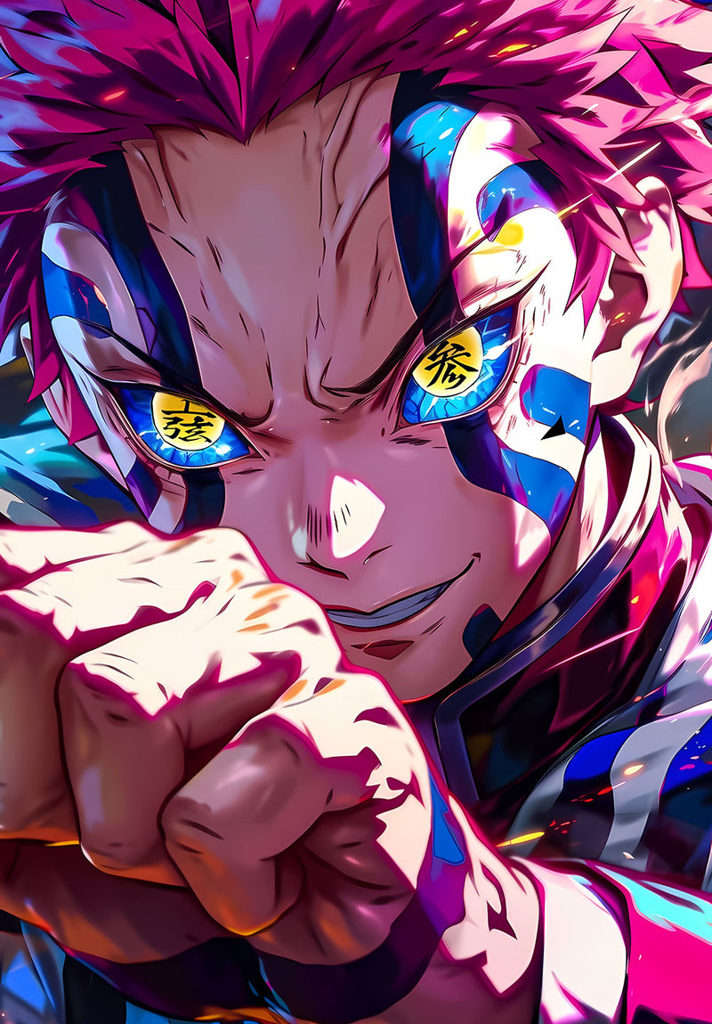 Akaza Demon Slayer anime metal poster on stainless steel by Chromaplate