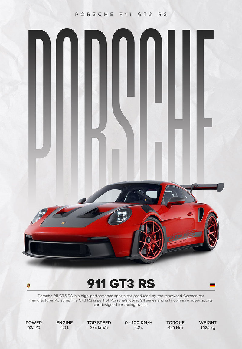 Porsche 911 GT3 RS car metal poster design 02 on stainless steel by Chromaplate