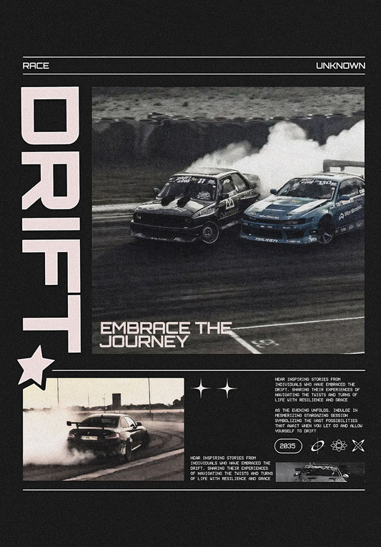 Drift Embrace The Journey car metal poster on stainless steel by Chromaplate