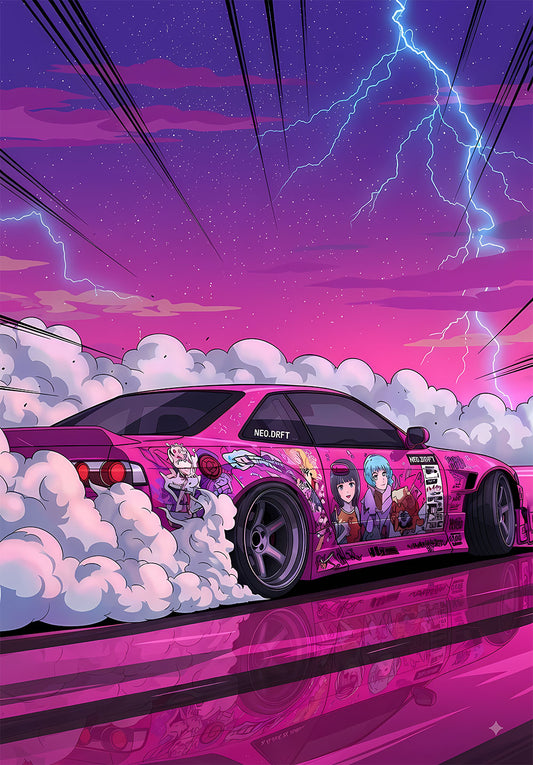 Neon Itasha Drift Build anime metal poster on stainless steel by Chromaplate
