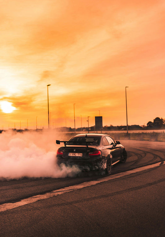 Drift Car Sunset Burnout car metal poster on stainless steel by Chromaplate