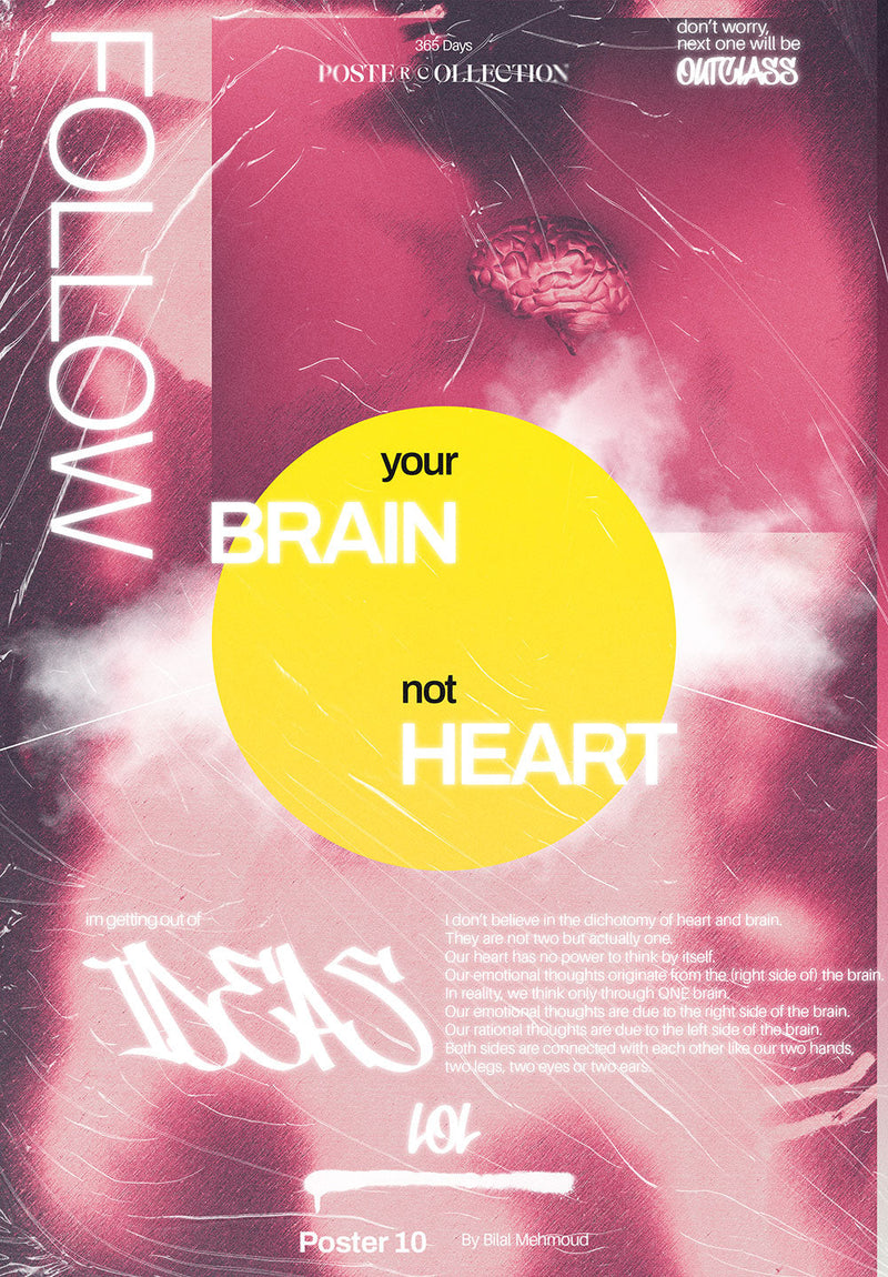 Heart X Brain typography metal poster on stainless steel by Chromaplate