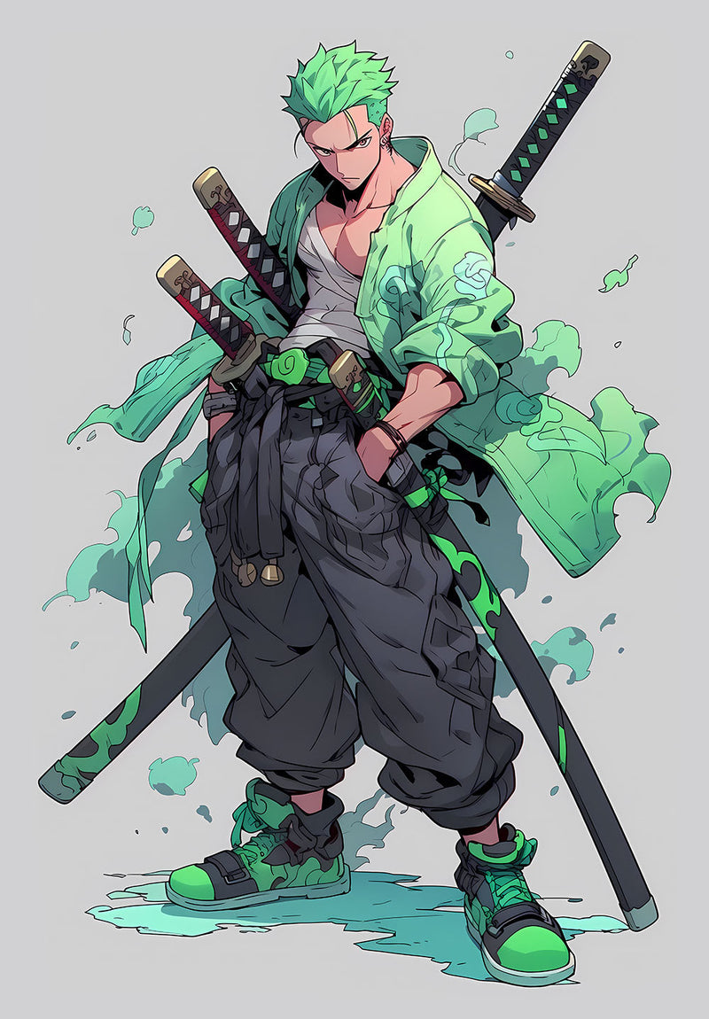 Zoro One Piece anime metal poster design 01 on stainless steel by Chromaplate