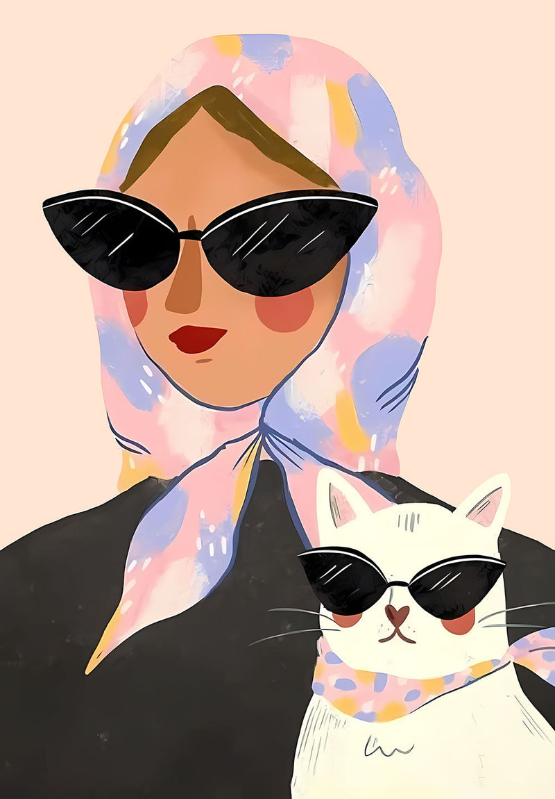 Girl with Cat nature metal poster on stainless steel by Chromaplate