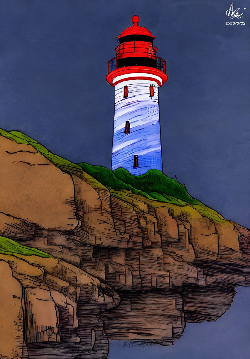 Cliff Lighthouse nature metal poster on stainless steel by Chromaplate