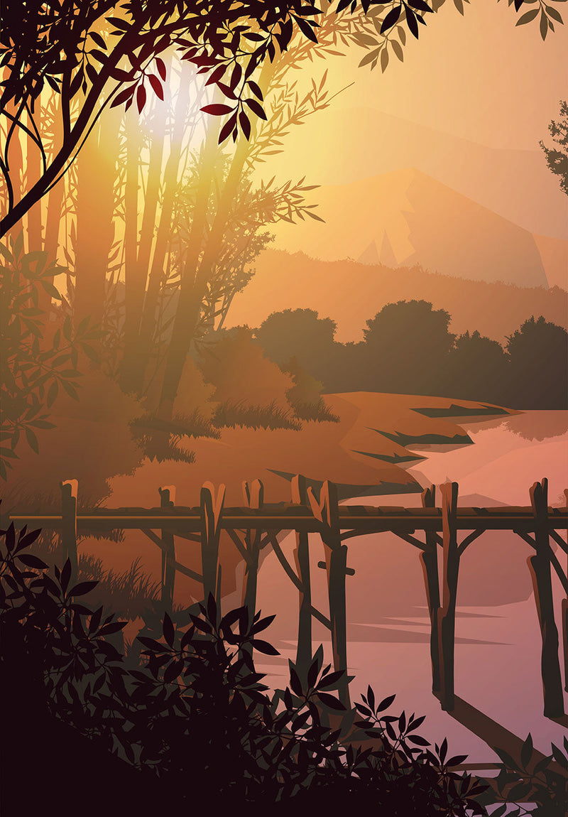 Lake Illustration Sunset nature metal poster on stainless steel by Chromaplate