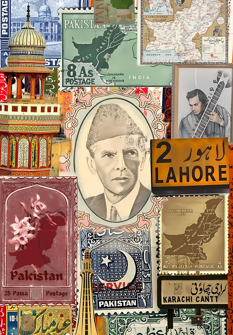 Pakistan Stamps wall metal poster design 02 on stainless steel by Chromaplate