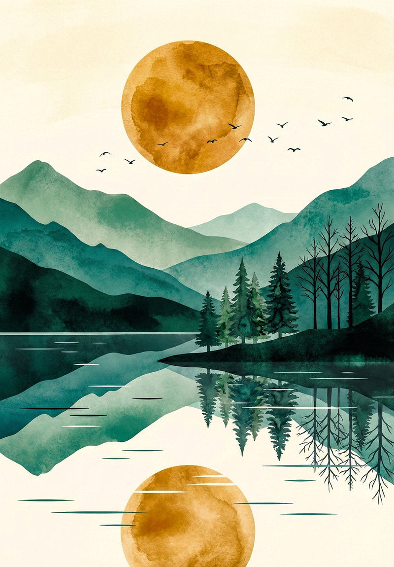 Golden Reflection Landscape nature metal poster on stainless steel by Chromaplate
