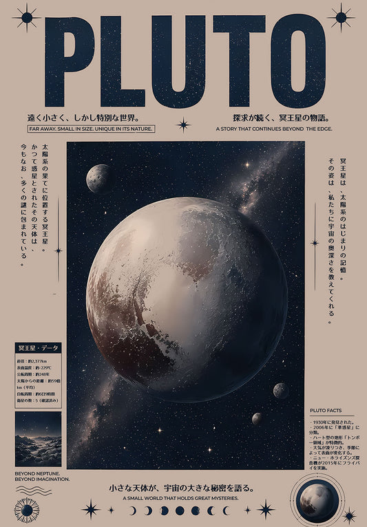 Pluto Japanese Astronomy Chart space metal poster on stainless steel by Chromaplate