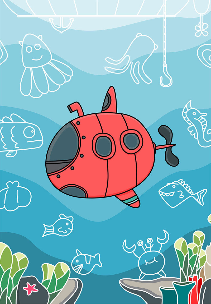 Submarine Illustration Wall Art nature metal poster on stainless steel by Chromaplate